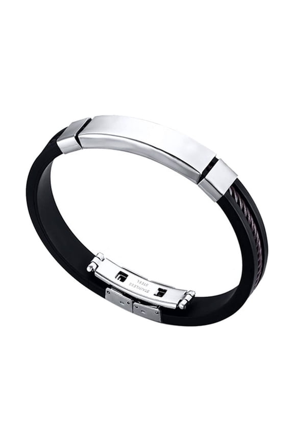 Mens Punk Rubber Silicone Stainless Steel Bangle Bracelet Pulsera Black, 18 cm, Black