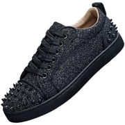 Men's Punk Studded Lace Up Fashion Sneakers with Metal Rivets & Fabric Upper - Breathable Low Top Casual Shoes for Street Style Nightlife and Everyday Wear-USA