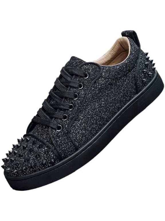 Men's Punk Studded Lace Up Fashion Sneakers with Metal Rivets & Fabric Upper - Breathable Low Top Casual Shoes for Street Style Nightlife and Everyday Wear-USA