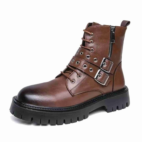 Men’s Punk Style Combat Boots, Chunky Platform Ankle Boots with Side Zipper & Buckle Straps, Non-Slip Lug Sole Casual Motorcycle Boots for Men