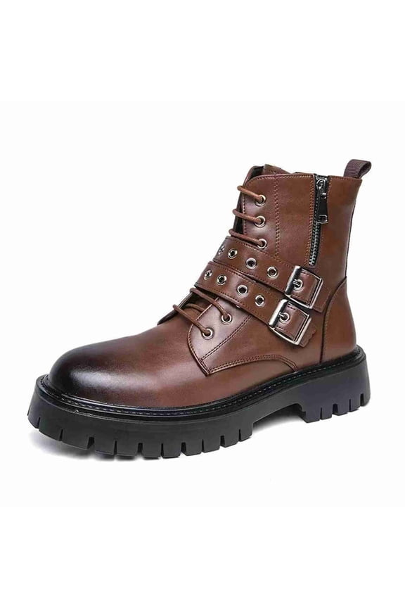 Men’s Punk Style Combat Boots, Chunky Platform Ankle Boots with Side Zipper & Buckle Straps, Non-Slip Lug Sole Casual Motorcycle Boots for Men