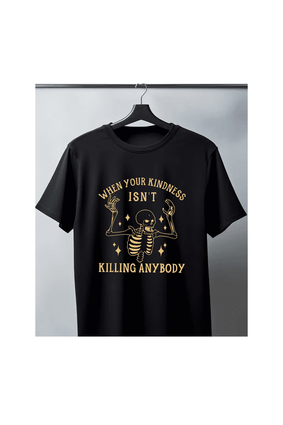 Men's Pure Cotton Black T-shirt: Skeleton Kindness Quote Design, 1 Pack