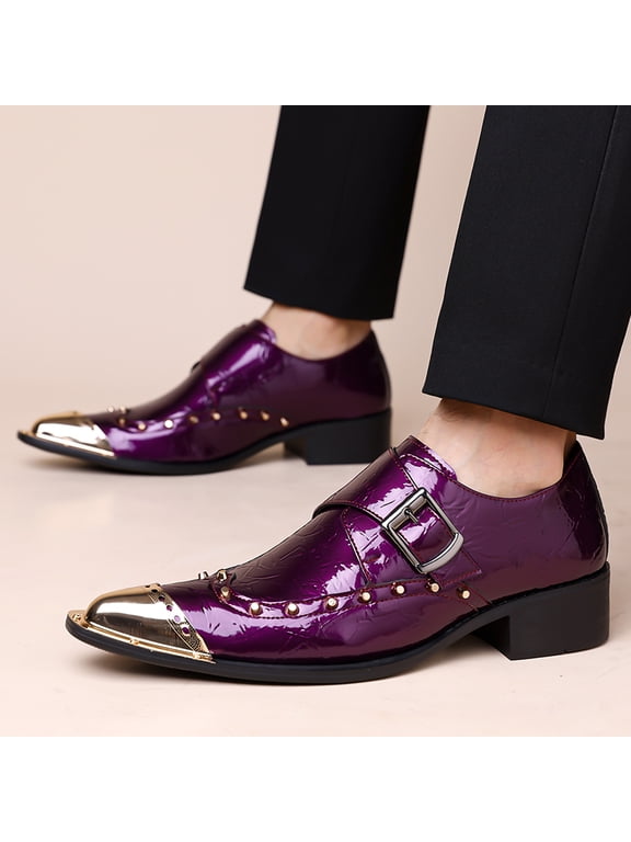 Men's Purple Patent Leather Rivet Metal Toe Monk Strap Dress Shoes