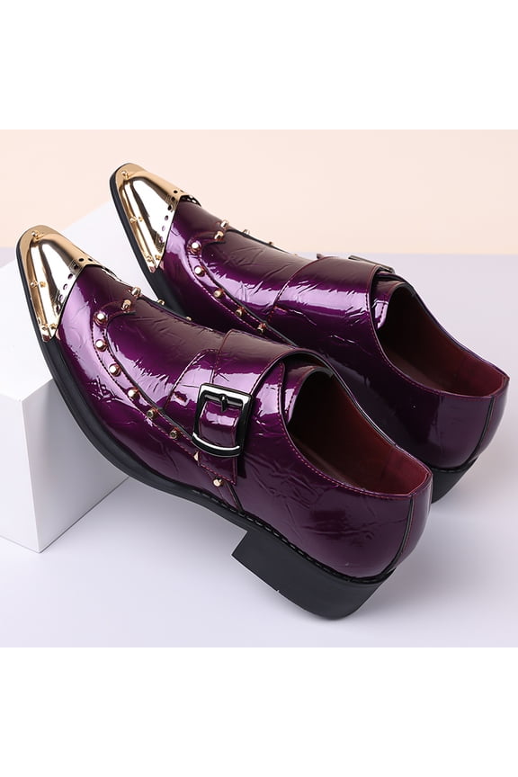 Men's Purple Patent Monk Strap Dress Shoes, Pointed Toe Metal Cap Rivet Decor PU Leather Block Heel Fashion Brogue Shoes, 2026 Spring New Arrival