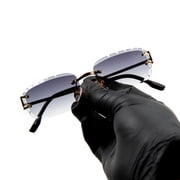 Mens Purple Tint Rimless Hand Carved Diamond Cut Gold Frame Sunglasses