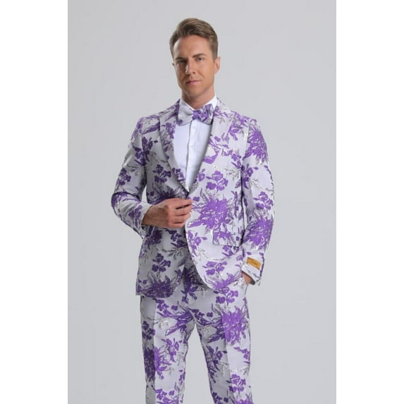 Men's Purple, White & Silver Floral Paisley Prom Tuxedo