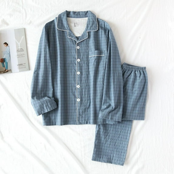 Men's Pyjama Set Traditional Classic Cut Pyjamas Sets Cotton Loungewear Sleepwear Nightwear Pj's Blue XL