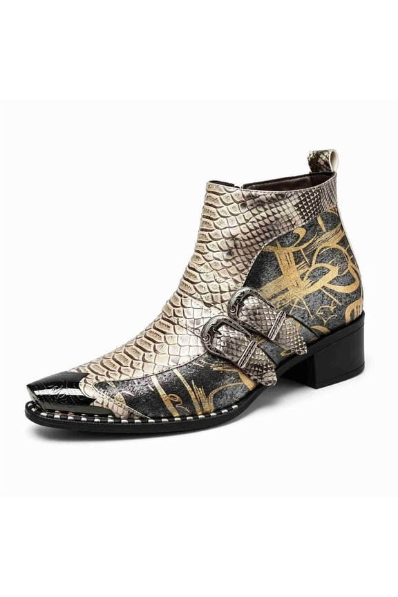 Men's Python Print Double Buckle Chelsea Boots - Vintage Pointed Toe Ankle Boots with Side Zipper, Comfortable Low Heel