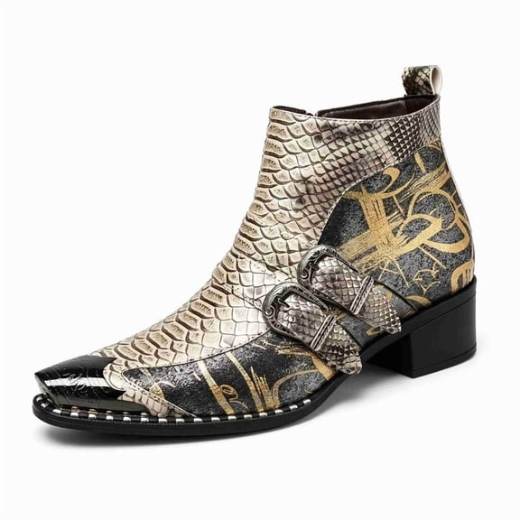 Men's Python Print Double Buckle Chelsea Boots - Vintage Pointed Toe Ankle Boots with Side Zipper, Comfortable Low Heel