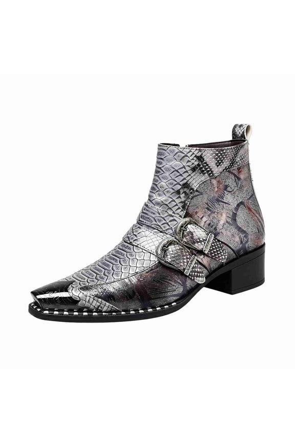 Men's Python Print Double Buckle Chelsea Boots - Vintage Pointed Toe Ankle Boots with Side Zipper, Comfortable Low Heel