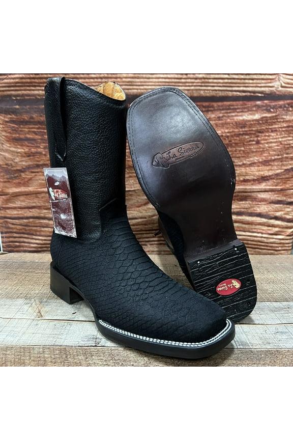 Men's Python Print Western Cowboy Zipper Pull On Leather Black Boots Est.262