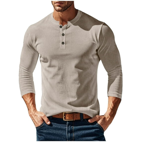 Men's Quarter Button T-Shirt Corduroy Slim Fit Shirts Pullover 3/27 Length Sleeve Tees Fashion Crew Neck Ribbed Knit Tops (S, Khaki)