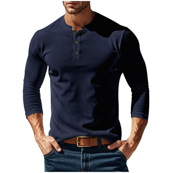 Men's Quarter Button T-Shirt Corduroy Slim Fit Shirts Pullover 3/29 Length Sleeve Tees Fashion Crew Neck Ribbed Knit Tops (L, Navy)