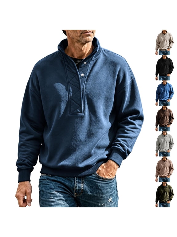 Men's Quarter Snap Pullover Sweatshirt, Stand Collar Long‑Sleeve Tops with Partial Snap Placket, Ideal for Fall Winter Daily Wear Blue S