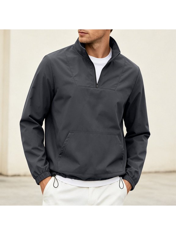 Men's Quarter Zip Anorak Jacket Stand Collar Windbreaker Pullover With Pocket Casual Outdoor Lightweight Breathable(Gray,L)
