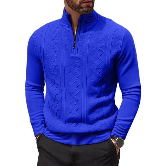 Men's Quarter Zip Cable Knit Sweater Long Sleeve Mock Neck Casual Pullover Top