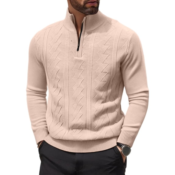 Men's Quarter Zip Cable Knit Sweater Long Sleeve Mock Neck Casual Pullover Top