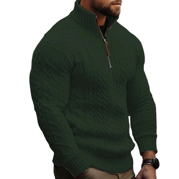 Men's Quarter Zip Cable Knit Sweater Long Sleeve Pullover Casual Knitwear Top