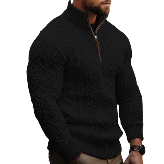 Men's Quarter Zip Cable Knit Sweater Long Sleeve Pullover Casual Knitwear Top