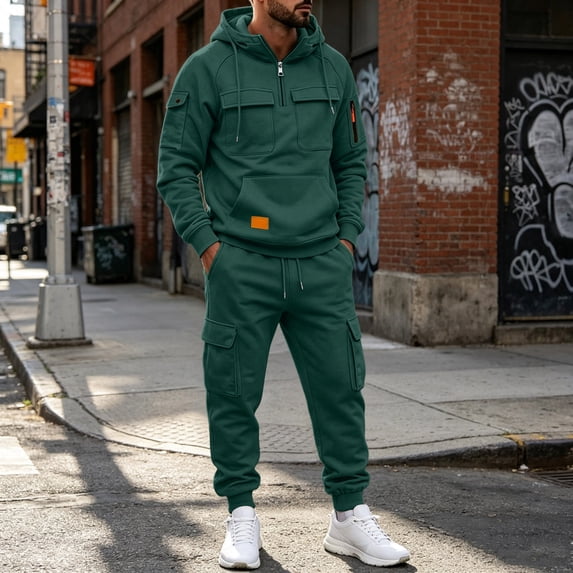 Men's Quarter Zip Cargo Tracksuit Two Piece Outfit Multi Pockets Hoodie and Jogger Pants Drawstring Casual Athletic Set 2XL