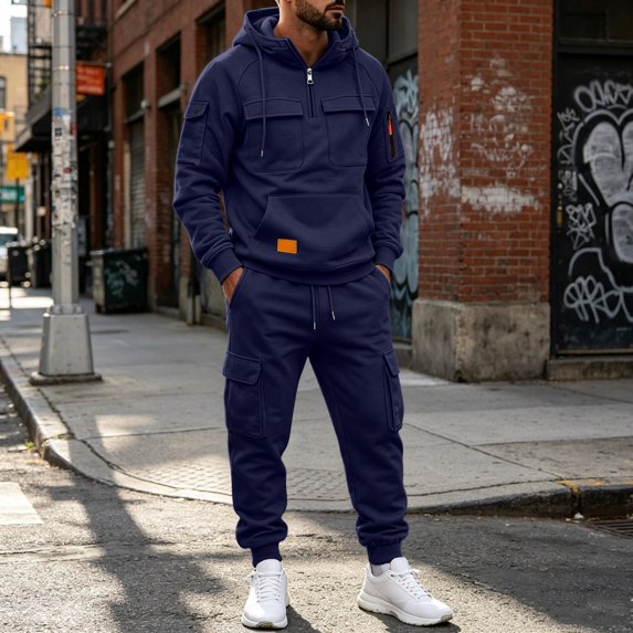 Men's Quarter Zip Cargo Tracksuit Two Piece Outfit Multi Pockets Hoodie and Jogger Pants Drawstring Casual Athletic Set 2XL