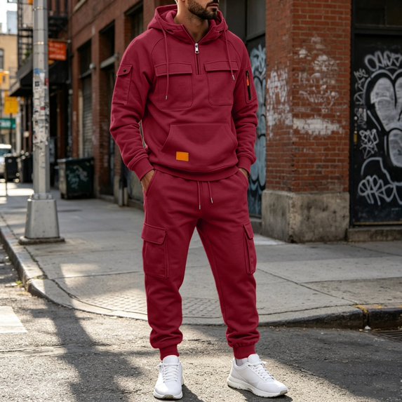Men's Quarter Zip Cargo Tracksuit Two Piece Outfit Multi Pockets Hoodie and Jogger Pants Drawstring Casual Athletic Set 3XL