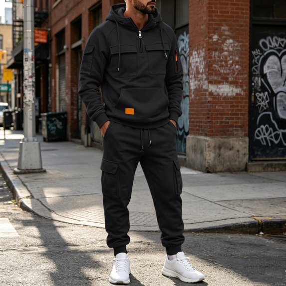 Men's Quarter Zip Cargo Tracksuit Two Piece Outfit Multi Pockets Hoodie and Jogger Pants Drawstring Casual Athletic Set L