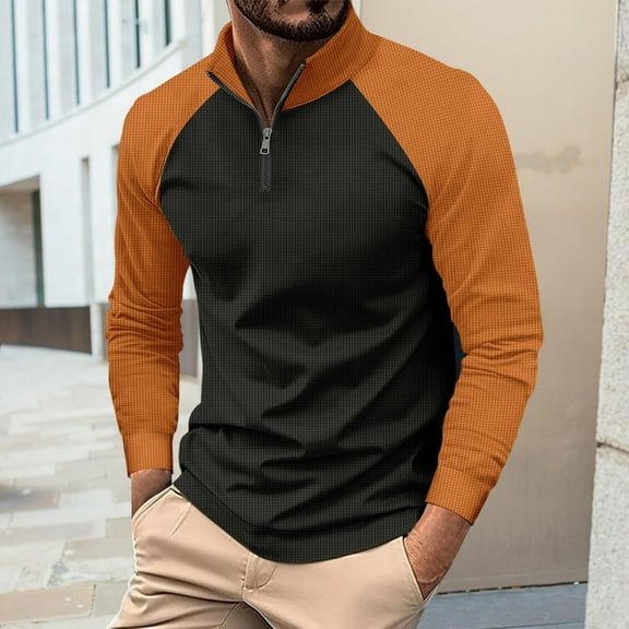 Men's Quarter Zip Color Block Long Sleeve Sweatshirts Pullover Casual Sweater Slim Fit Mock Neck Fashion Fall 2025 (XL, Orange)