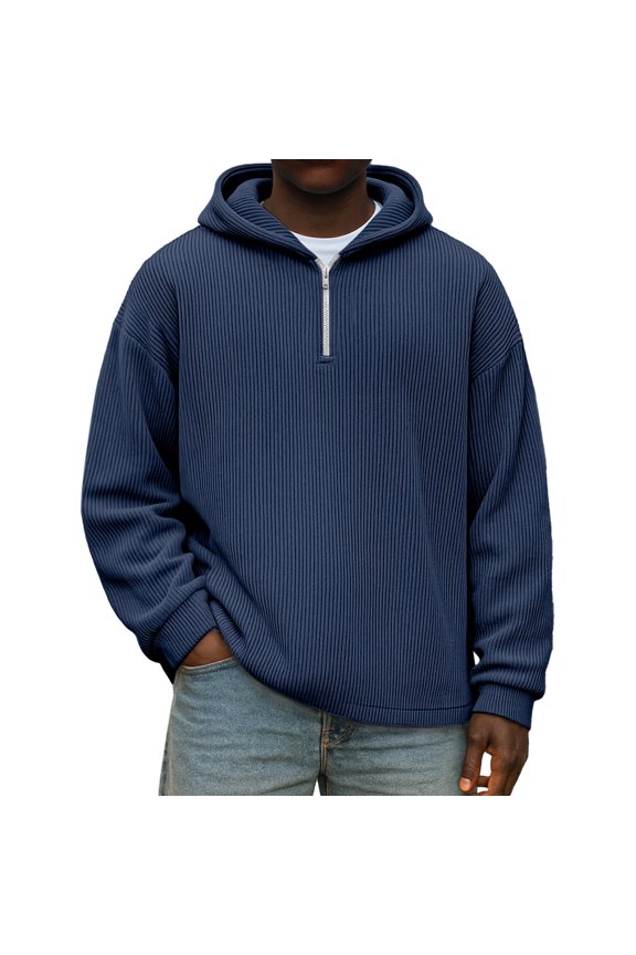 Men's Quarter Zip Corduroy Hooded Sweatshirt - Long Sleeve Color Pullover with Pockets, Casual Comfort, Soft Textured Fabric for Everyday and Light Outdoor,Dark Blue,S