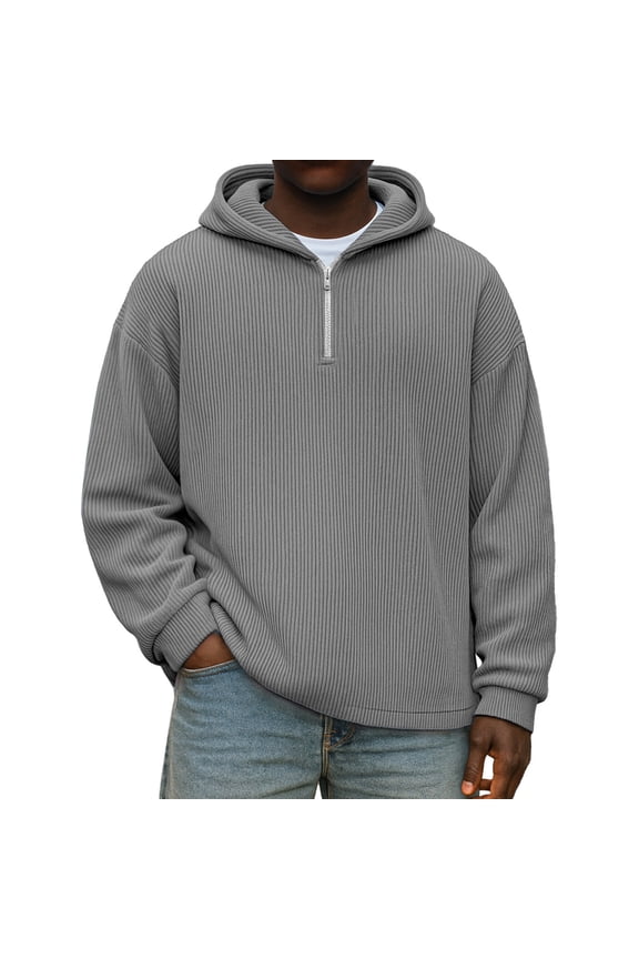 Men's Quarter Zip Corduroy Hooded Sweatshirt - Long Sleeve Color Pullover with Pockets, Casual Comfort, Soft Textured Fabric for Everyday and Light Outdoor,Light Gray,S