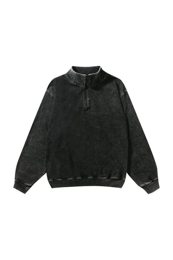 Men's Quarter Zip Cotton Hoodie Long Sleeve Casual Vintage Wash Old Pullover Stand-Up Collar Loose Fit Tops