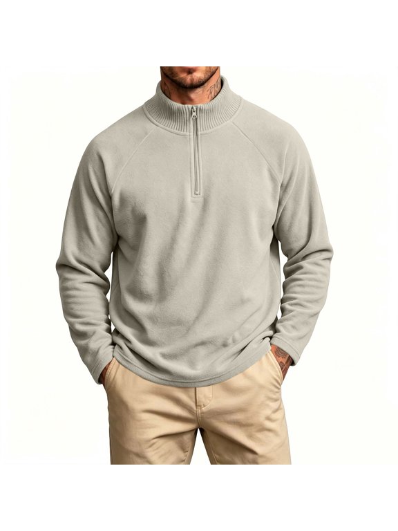 Men's Quarter Zip Fleece Pullover Sweater, Mock Neck Long Sleeve Relaxed Fit Tops, Soft Warm Layer for Fall Winter Daily Wear Beige 4XL