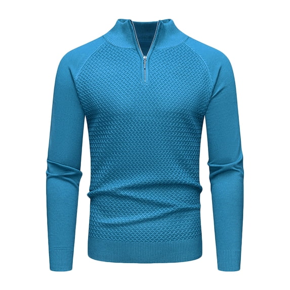 Men's Raglan Tops Casual Solid Long Sleeve Sweaters Quarter Zip Pullover Stand Collar Sweater Blue M