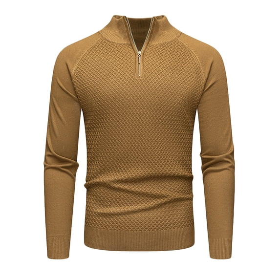 Men's Raglan Tops Casual Solid Long Sleeve Sweaters Quarter Zip Pullover Stand Collar Sweater Coffee S