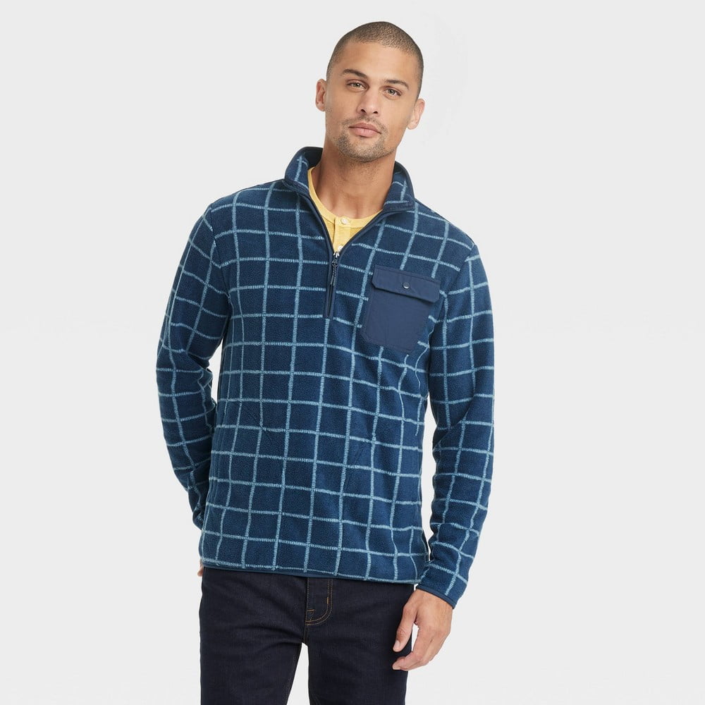 Men s Quarter Zip Fleece Sweatshirt Goodfellow Co Blue L Walmart