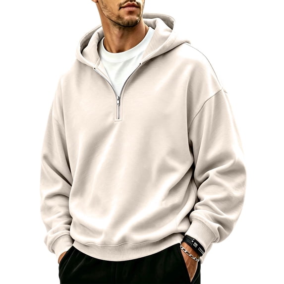 Men's Quarter Zip Hoodie Oversized Pullover Sweatshirt, Drawstring Hood Long Sleeve Athletic Workout Outdoor Casual Hooded Top Beige XL