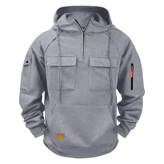 Men's Quarter Zip Hoodies Drawstring Multi Pockets Solid Color Pullover Casual Loose Stylish Hooded Sweatshirts (3XL, Gray)