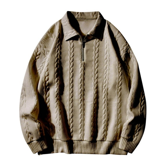 Men's Quarter Zip Jacquard Sweatshirt, Loose Solid Color Long Sleeve Lapel Fall Winter Pullover Shirts