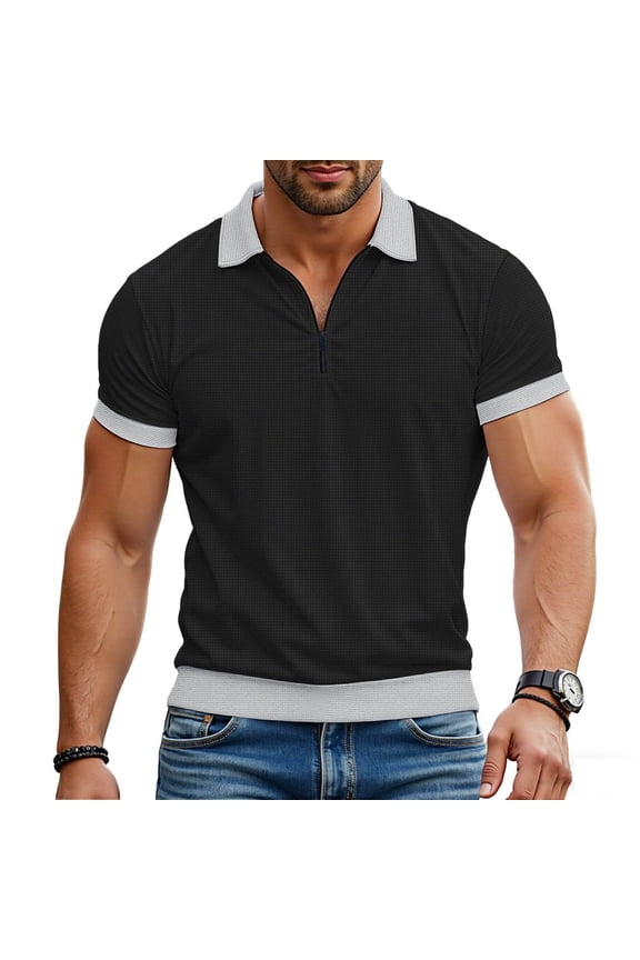 Men's Quarter-Zip Knit Collared Shirts – Short Sleeve Waffle Texture Tops with Contrast Trim, Classic Fit Casual Tees Waffle Texture Short Sleeve Top Men