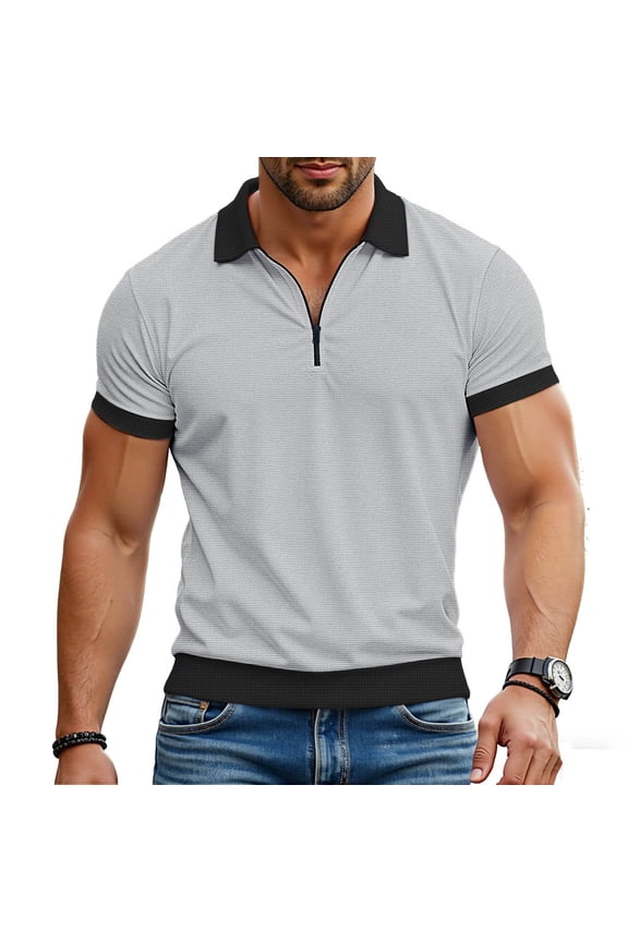 Men's Quarter-Zip Knit Collared Shirts – Short Sleeve Waffle Texture Tops with Contrast Trim, Classic Fit Casual Tees Waffle Texture Short Sleeve Top Men