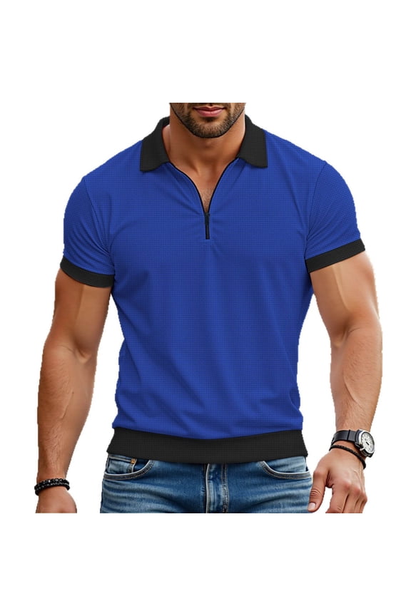 Men's Quarter-Zip Knit Collared Shirts – Short Sleeve Waffle Texture Tops with Contrast Trim, Classic Fit Casual Tees Classic Fit Waffle Knit Shirt