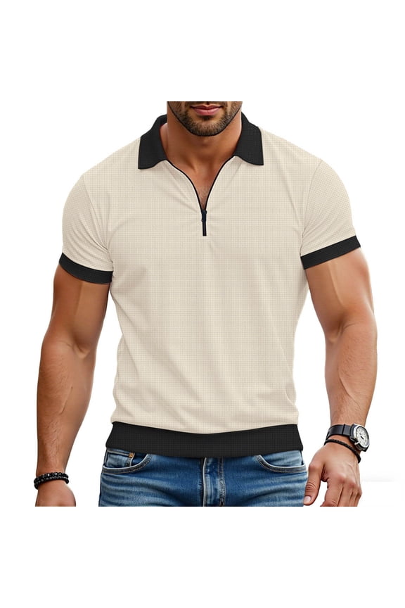 Men's Quarter-Zip Knit Collared Shirts – Short Sleeve Waffle Texture Tops with Contrast Trim, Classic Fit Casual Tees Contrast Trim Casual Knit Shirt