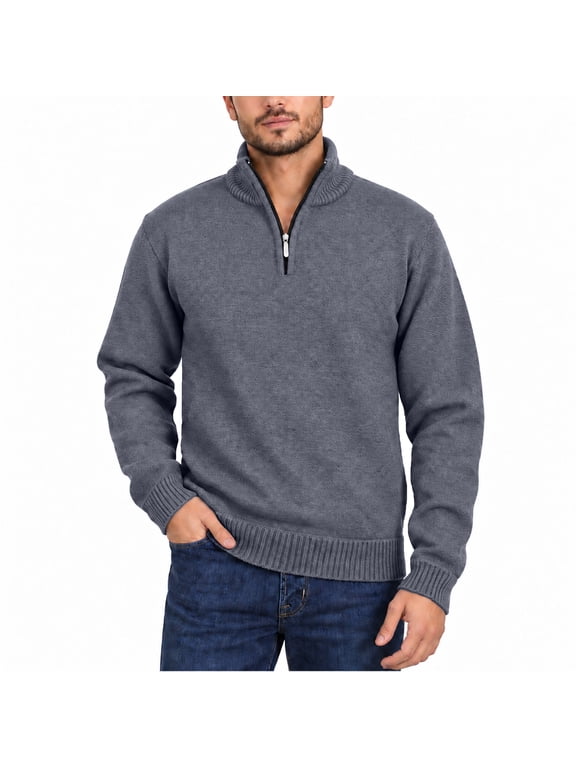 Men's Quarter Zip Knit Sweater Velour Fleece Lined Warm Casual Pullover (S-2XL)