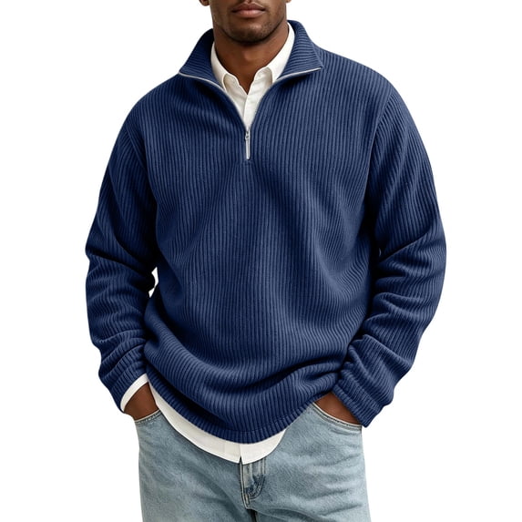 Men's Quarter Zip Mock Neck Sweatshirt Corduroy Long Sleeve Pullover Top Casual Regular Fit for Office Work Wear Navy L