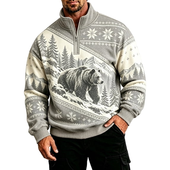 Men's Quarter Zip Mock Neck Sweatshirt Western Bear Print Long Sleeve Pullover Casual Outdoor Hunting Top Warm Athletic Sweatshirt Light Gray XXL