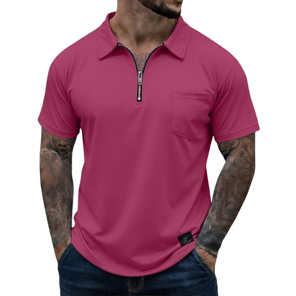 Men's Quarter Zip Polo Shirt Classic Lightweight Short Sleeve Collared Golf Casual Shirt Hot Pink M