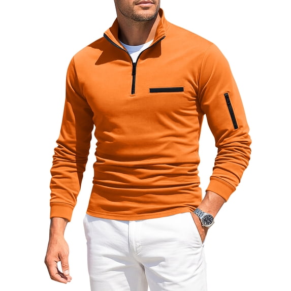 Men's Quarter Zip Polo Shirts Casual Lightweight Long Sleeve Top Mock Neck Stylish Summer Color Block Golf Slim Fit Shirts Saffron L