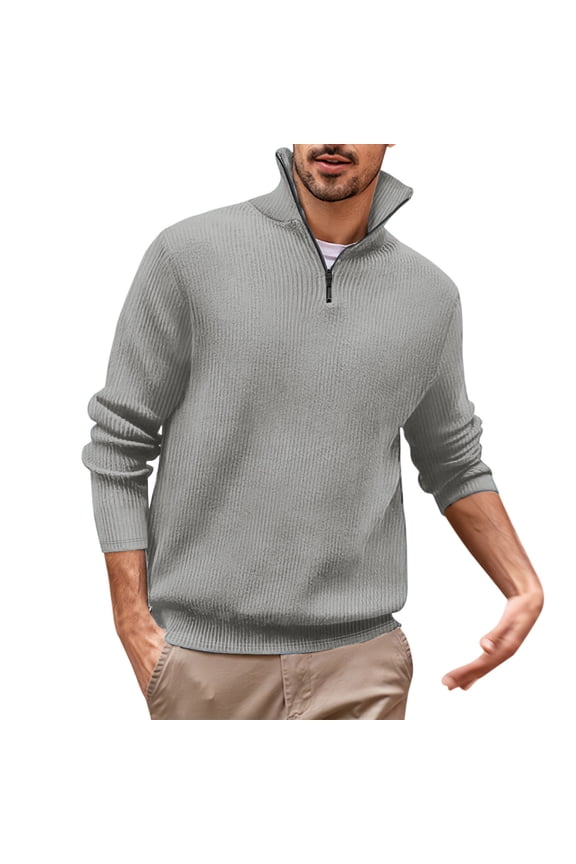 Men's Quarter Zip Polo Shirts Long Sleeve Solid Stand Collar Knit Sweater Fall Winter Stylish Casual Pullover Tops