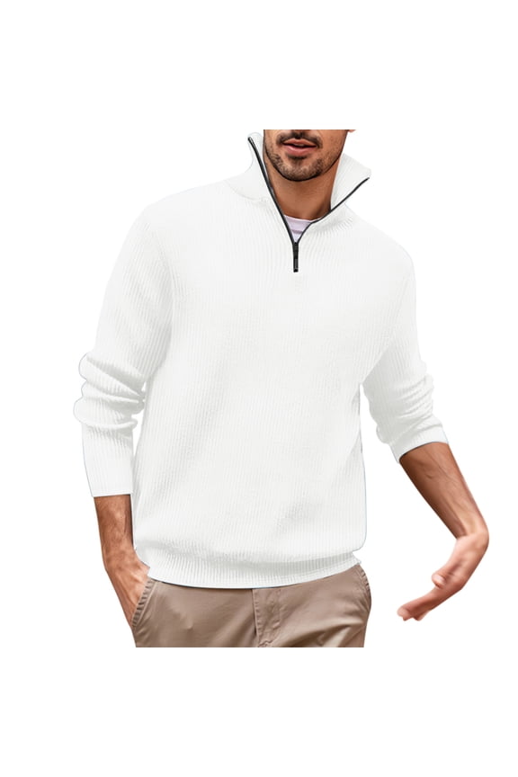 Men's Quarter Zip Polo Shirts Long Sleeve Solid Stand Collar Knit Sweater Fall Winter Stylish Casual Pullover Tops