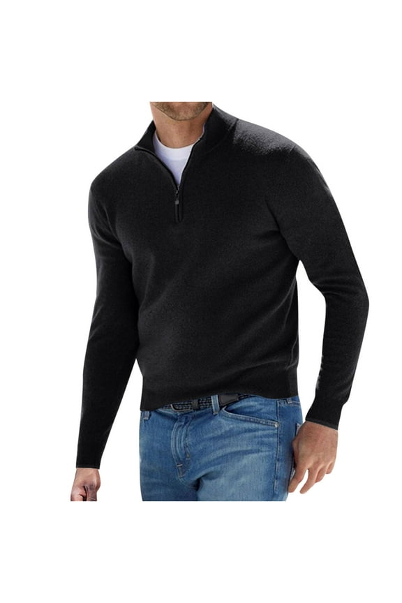 Men's Quarter Zip Polo Sweater Plus Size Casual Solid Color Long Sleeve Wool Pullover Sweatshirts for Men Basic Winter Knitwear Tops